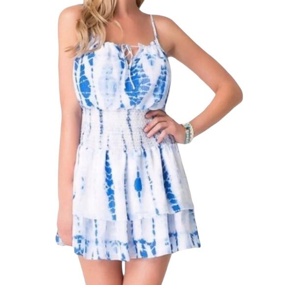 Bebe Dress Womens Size XXS Blue Tie Dye Tiered Smocked Mini Beach Boho Summer - Picture 1 of 8